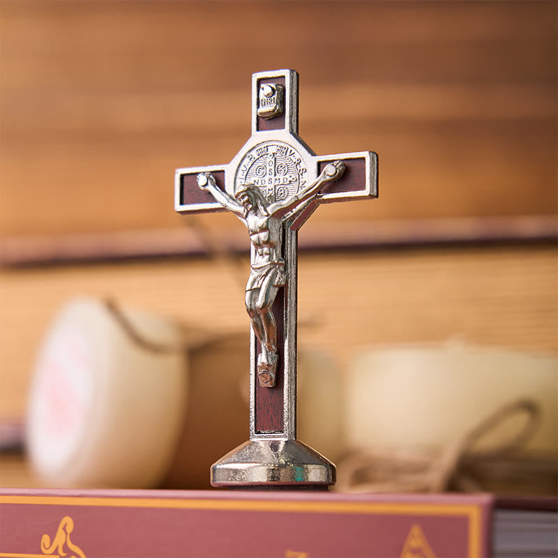European Classical Traditional Wood Inlaid Alloy St. Benedict Cross Ornament