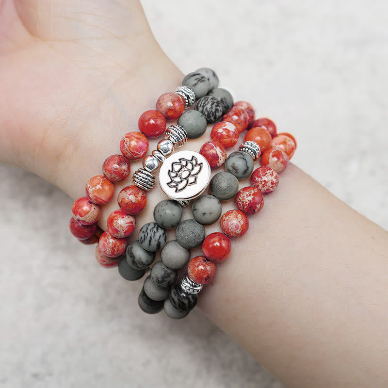 Faith Nova 108 Mala Beads Natural Stone Sea Sediment Jasper Lotus Protection Bracelet