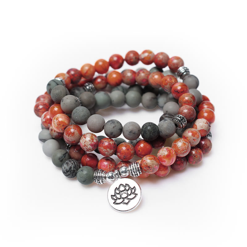 Faith Nova 108 Mala Beads Natural Stone Sea Sediment Jasper Lotus Protection Bracelet