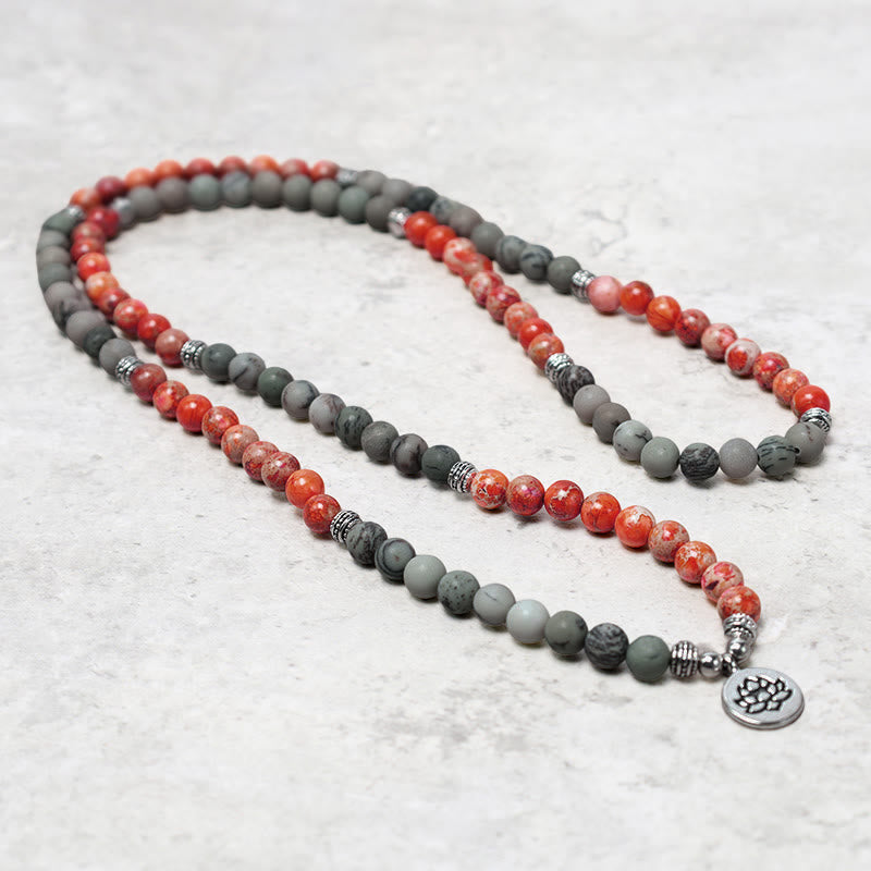 Faith Nova 108 Mala Beads Natural Stone Sea Sediment Jasper Lotus Protection Bracelet