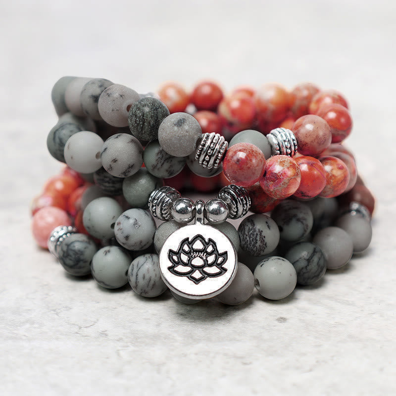 Faith Nova 108 Mala Beads Natural Stone Sea Sediment Jasper Lotus Protection Bracelet