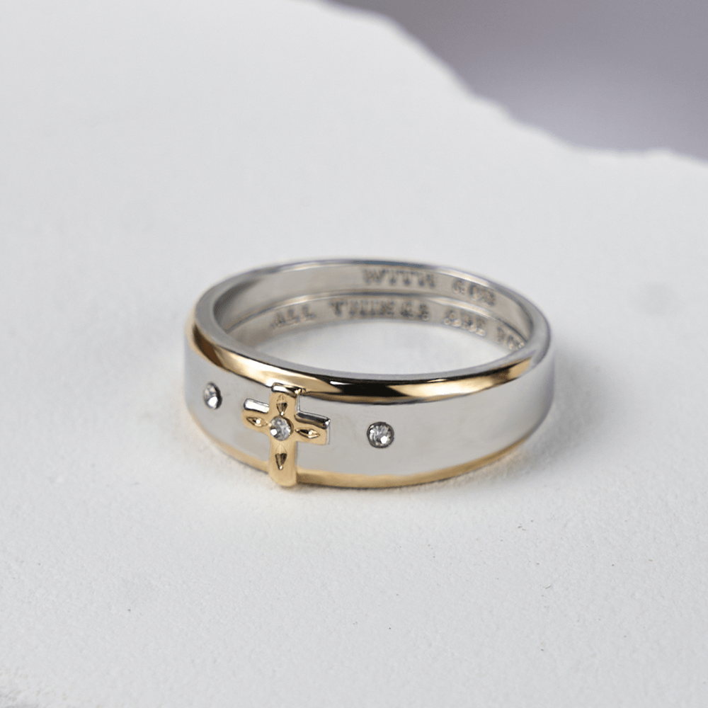 Modern Style Two-tone Gold Cross Alloy Ring-With God All Things Are Possible