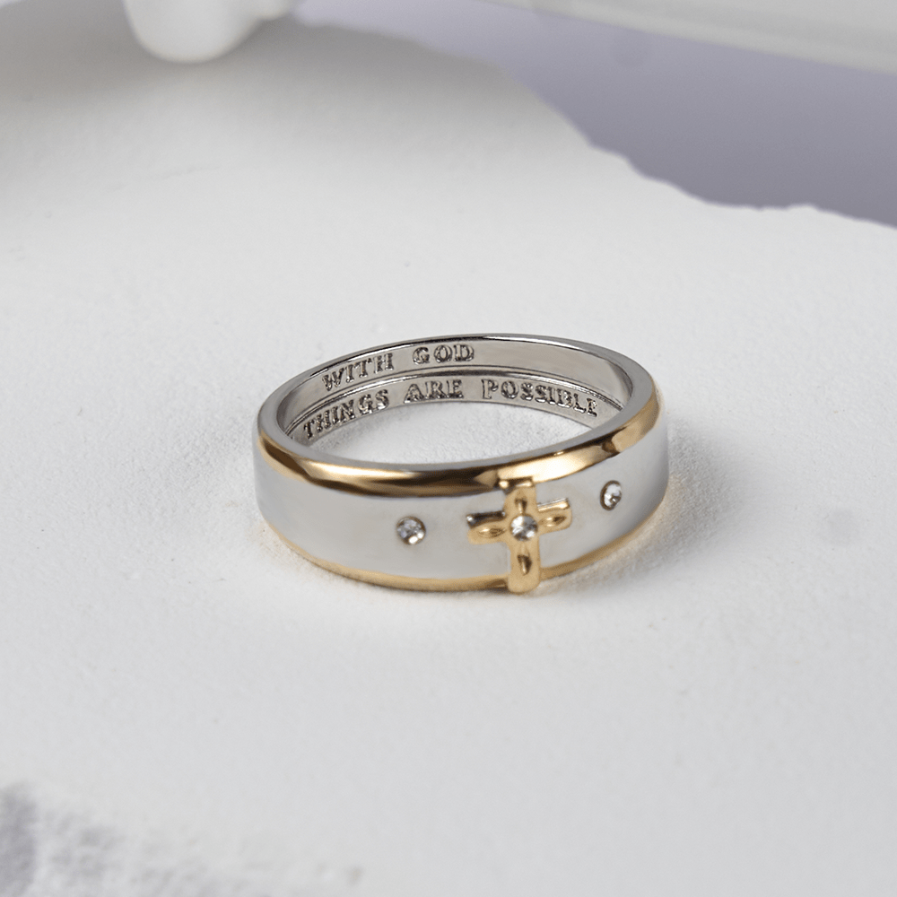 Modern Style Two-tone Gold Cross Alloy Ring-With God All Things Are Possible