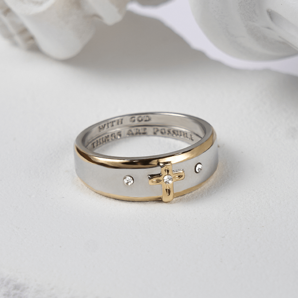 Modern Style Two-tone Gold Cross Alloy Ring-With God All Things Are Possible
