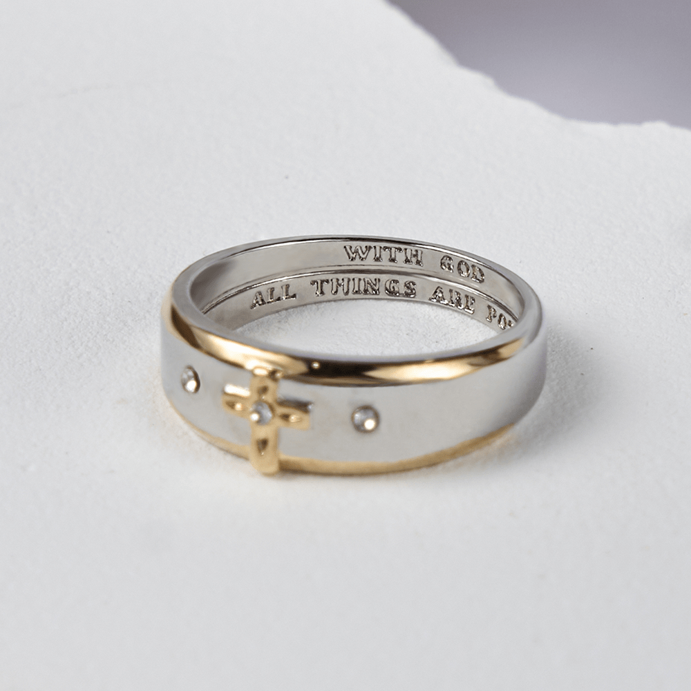 Modern Style Two-tone Gold Cross Alloy Ring-With God All Things Are Possible