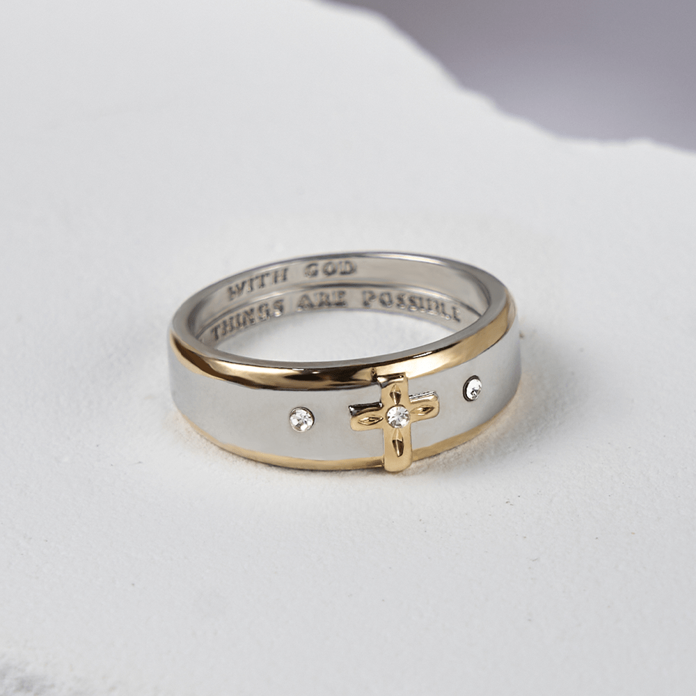 Modern Style Two-tone Gold Cross Alloy Ring-With God All Things Are Possible