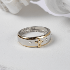 Modern Style Two-tone Gold Cross Alloy Ring-With God All Things Are Possible