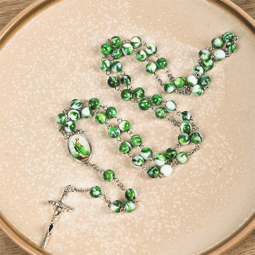 Saint Jude Thaddeus & Crucifix of 8 mm Round Green Acrylic Alloy Chain Rosary