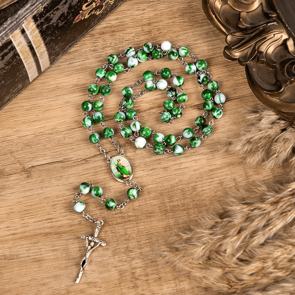 Saint Jude Thaddeus & Crucifix of 8 mm Round Green Acrylic Alloy Chain Rosary