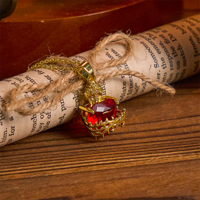 Christian Art Modern Style Crafted Red Gemstones Sacred Heart of Jesus Pendant Necklace