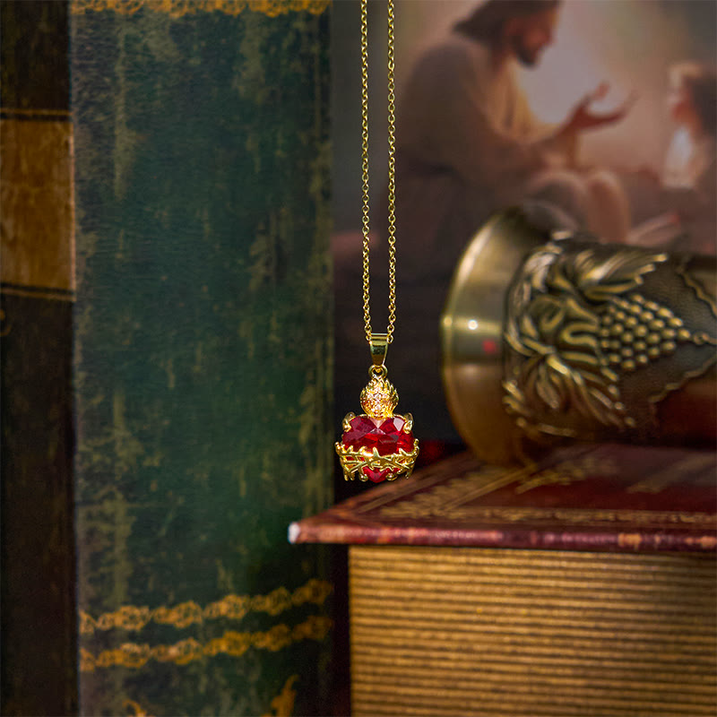 Christian Art Modern Style Crafted Red Gemstones Sacred Heart of Jesus Pendant Necklace