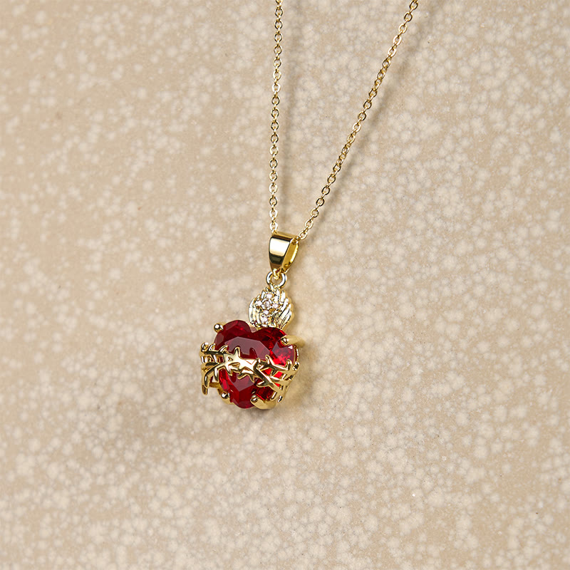 Christian Art Modern Style Crafted Red Gemstones Sacred Heart of Jesus Pendant Necklace