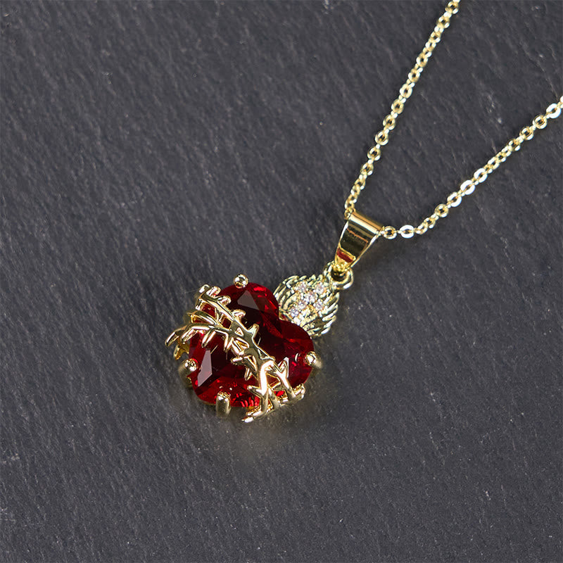 Christian Art Modern Style Crafted Red Gemstones Sacred Heart of Jesus Pendant Necklace