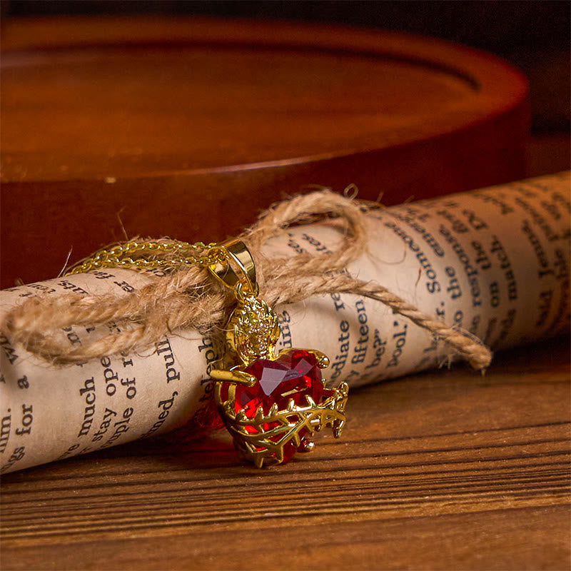 Christian Art Modern Style Crafted Red Gemstones Sacred Heart of Jesus Pendant Necklace