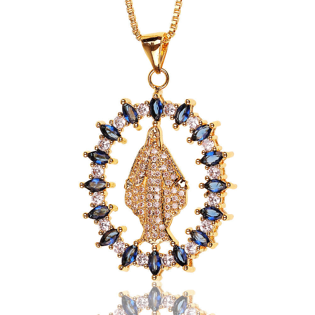 Luxury Style Our Lady of Miraculous Medal Gemstones Pendant Necklace