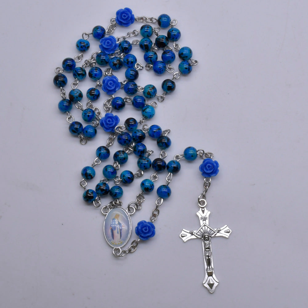 Catholic Blue Rosary Necklace – 6mm Enamel Beads with Cross & Rose Medals