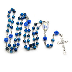Catholic Blue Rosary Necklace – 6mm Enamel Beads with Cross & Rose Medals