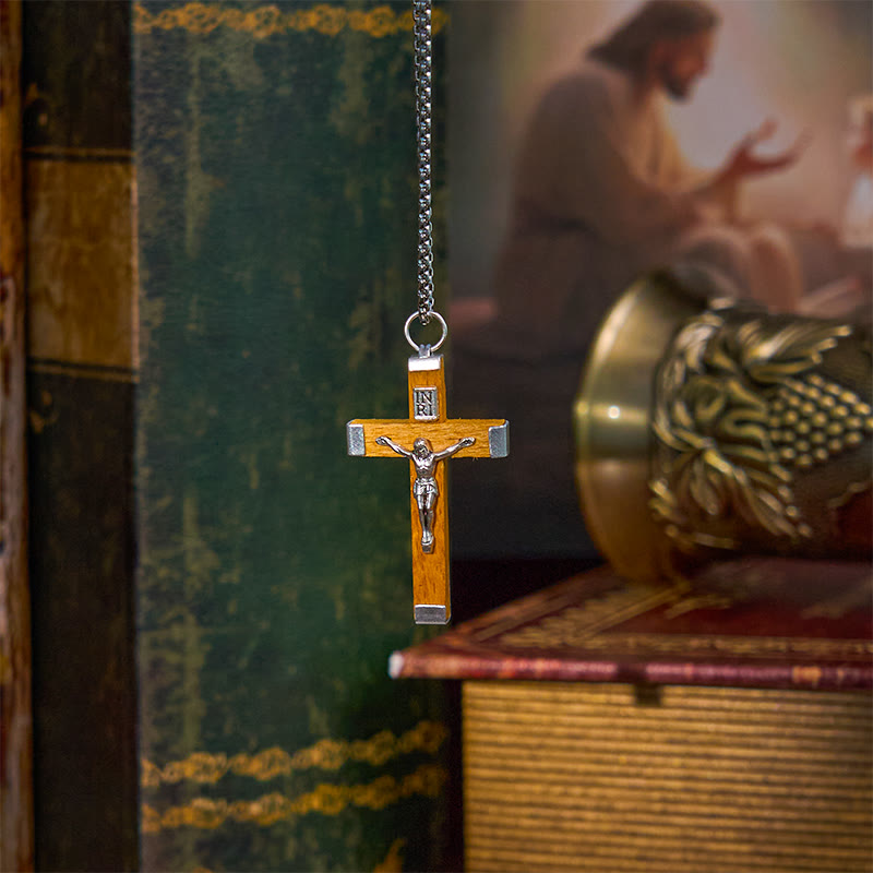 Retro Style Jesus Icon Crucifix Wood & Alloy Pendant Necklace