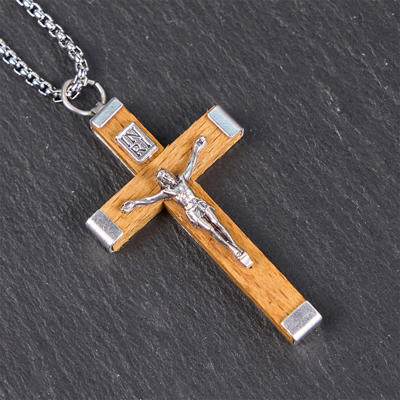 Retro Style Jesus Icon Crucifix Wood & Alloy Pendant Necklace