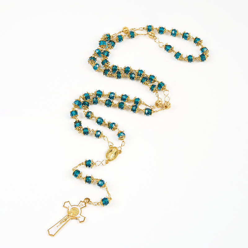 Miraculous Medal & Crucifix of 6 mm Polyhedron Green Glass Alloy Chain Rosary