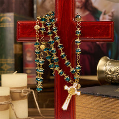Miraculous Medal & Crucifix of 6 mm Polyhedron Green Glass Alloy Chain Rosary