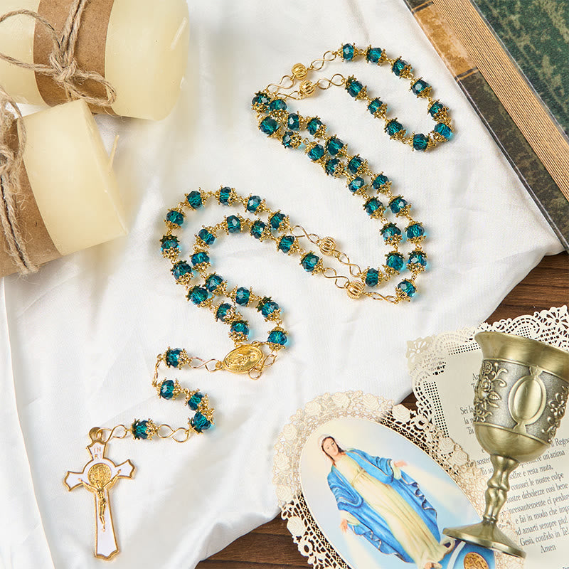 Miraculous Medal & Crucifix of 6 mm Polyhedron Green Glass Alloy Chain Rosary