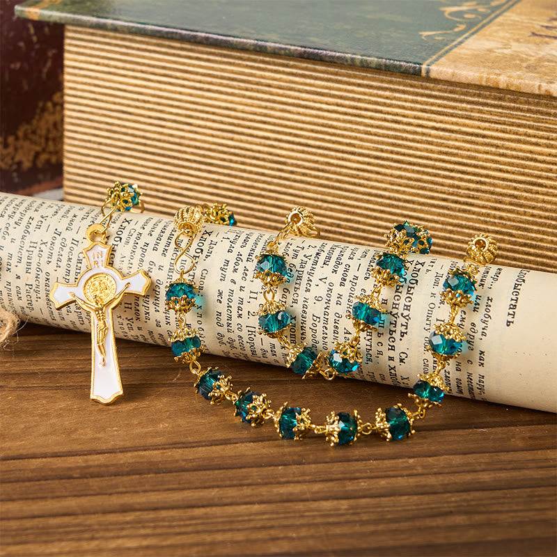 Miraculous Medal & Crucifix of 6 mm Polyhedron Green Glass Alloy Chain Rosary