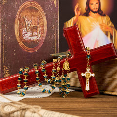 Miraculous Medal & Crucifix of 6 mm Polyhedron Green Glass Alloy Chain Rosary