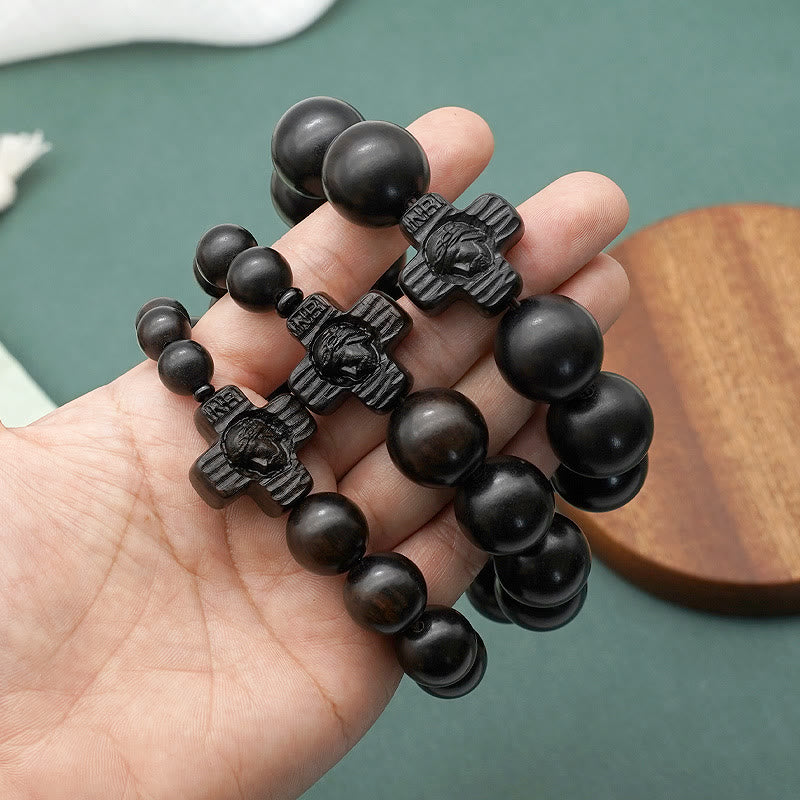 Classic Jesus Christ Cross Black Sandalwood Rosary Bracelet
