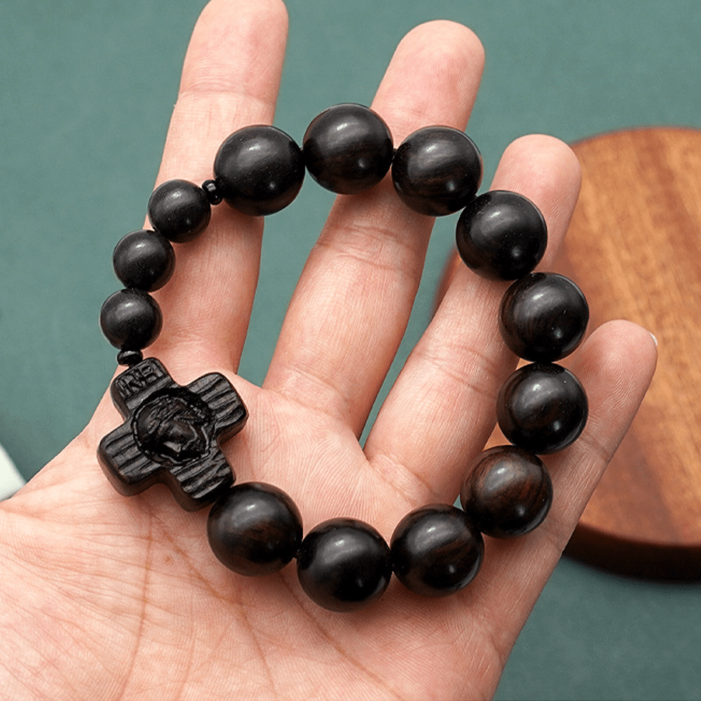 Classic Jesus Christ Cross Black Sandalwood Rosary Bracelet