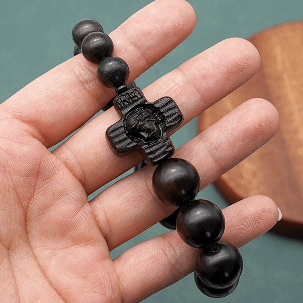Classic Jesus Christ Cross Black Sandalwood Rosary Bracelet