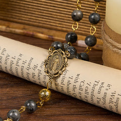 Miraculous Medal & Saint Benedict Key of 8 mm Round Black Stone Alloy Chain Rosary