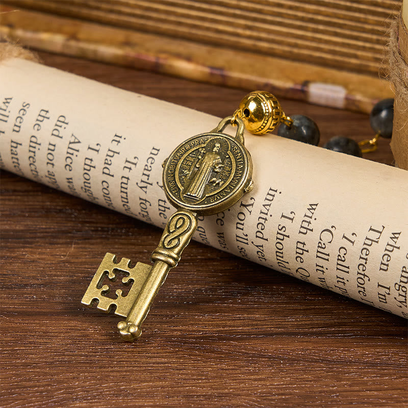 Miraculous Medal & Saint Benedict Key of 8 mm Round Black Stone Alloy Chain Rosary