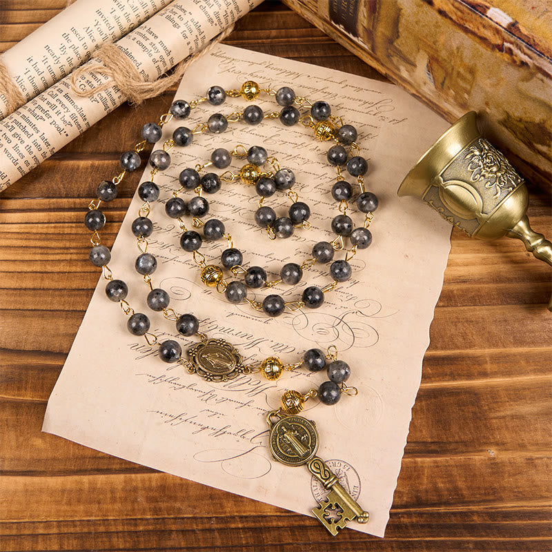 Miraculous Medal & Saint Benedict Key of 8 mm Round Black Stone Alloy Chain Rosary