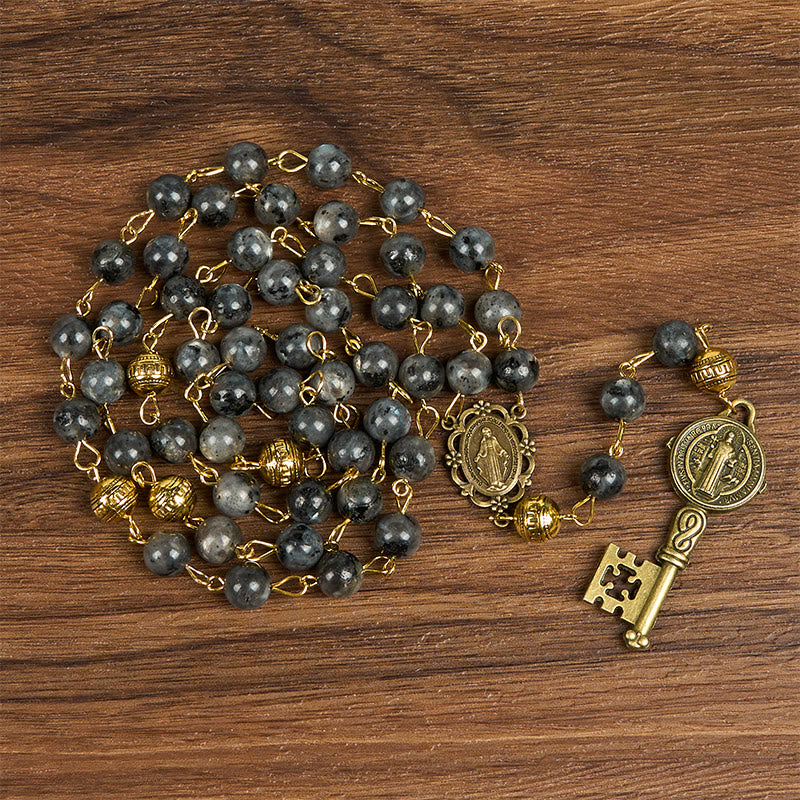Miraculous Medal & Saint Benedict Key of 8 mm Round Black Stone Alloy Chain Rosary