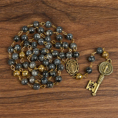 Miraculous Medal & Saint Benedict Key of 8 mm Round Black Stone Alloy Chain Rosary