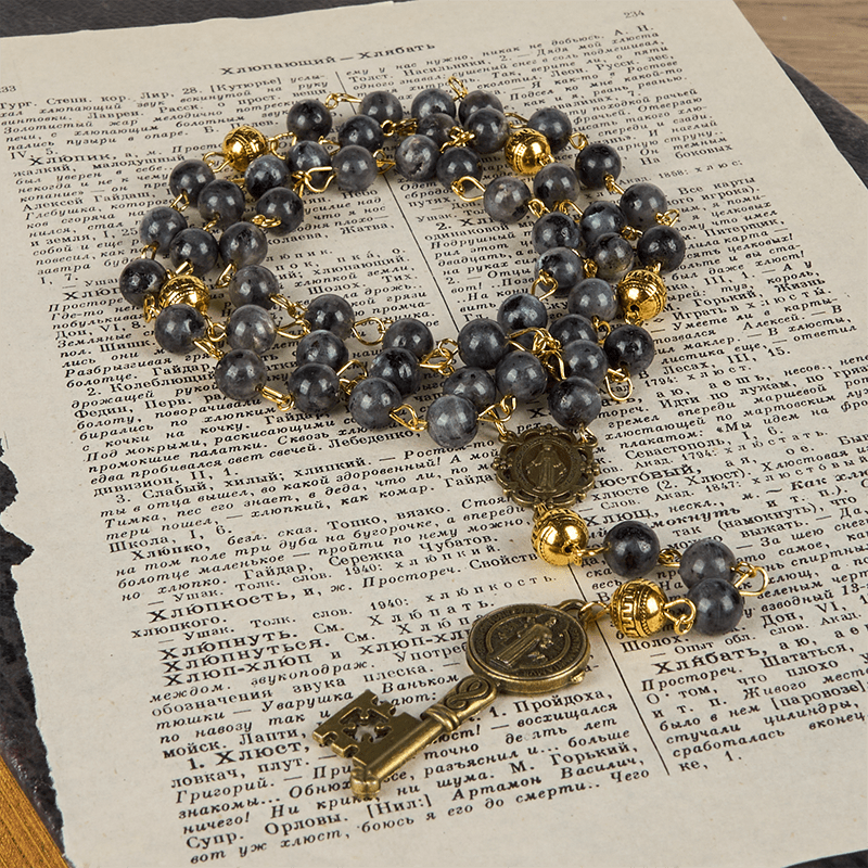 Miraculous Medal & Saint Benedict Key of 8 mm Round Black Stone Alloy Chain Rosary