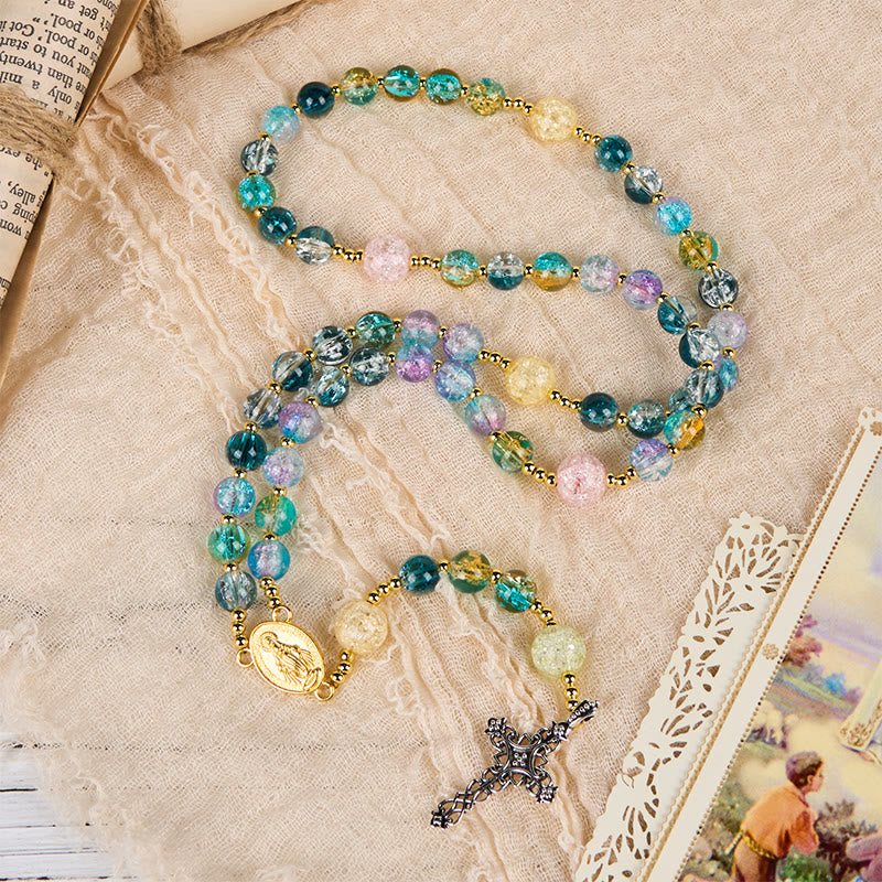 Miraculous Medal & Celtic Cross of 8 mm Round Multicolor Glass Alloy Chain Rosary