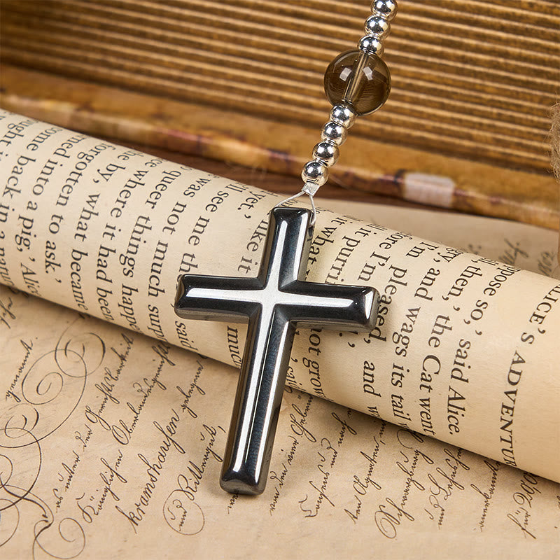 Natural Obsidian Tiger's Eye Rosary Necklace - Hematite Stone Cross Protection Rosary