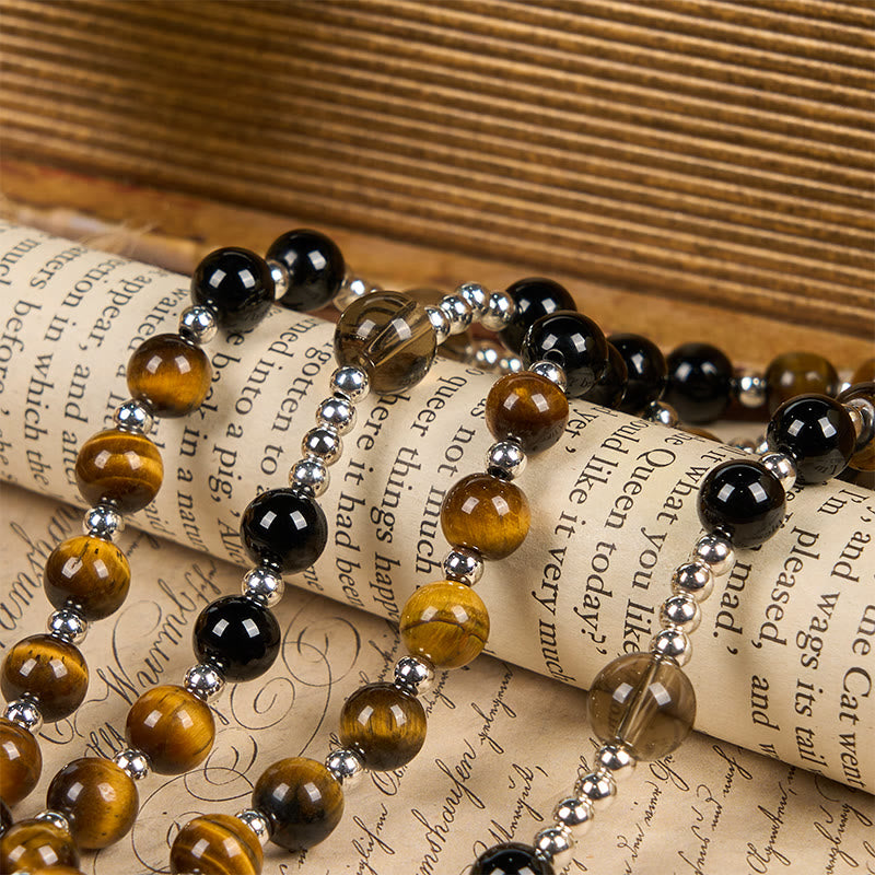 Natural Obsidian Tiger's Eye Rosary Necklace - Hematite Stone Cross Protection Rosary