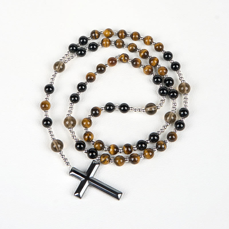 Natural Obsidian Tiger's Eye Rosary Necklace - Hematite Stone Cross Protection Rosary