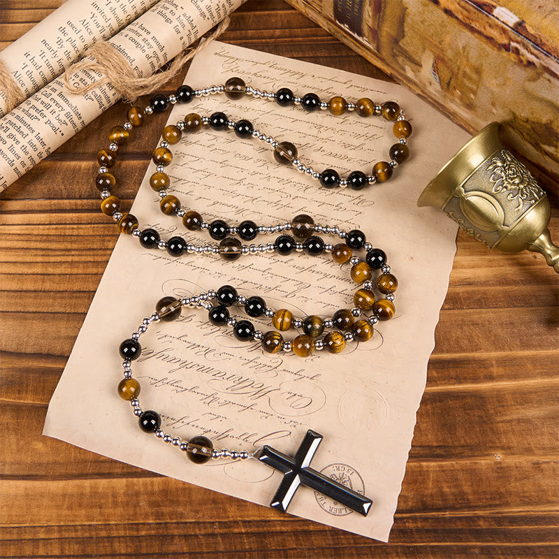 Natural Obsidian Tiger's Eye Rosary Necklace - Hematite Stone Cross Protection Rosary