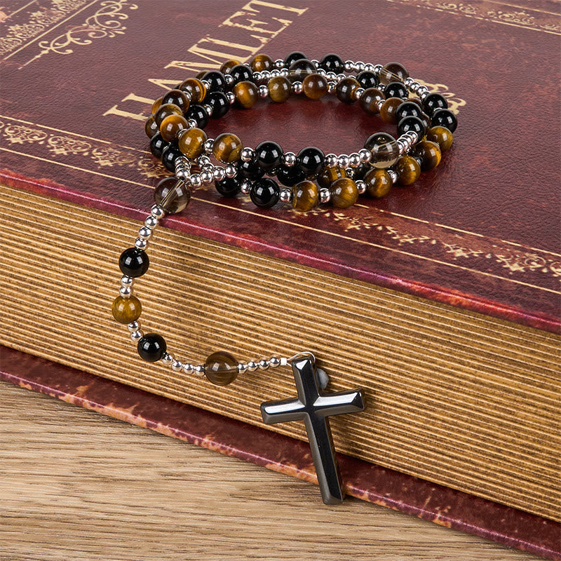 Natural Obsidian Tiger's Eye Rosary Necklace - Hematite Stone Cross Protection Rosary