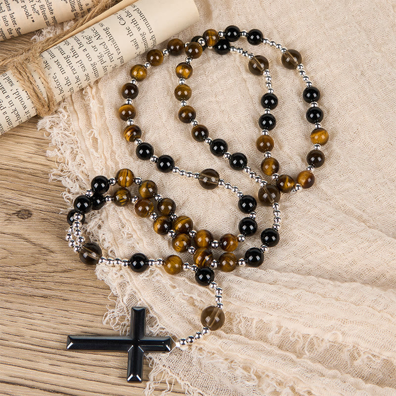 Natural Obsidian Tiger's Eye Rosary Necklace - Hematite Stone Cross Protection Rosary