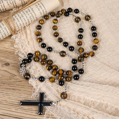 Natural Obsidian Tiger's Eye Rosary Necklace - Hematite Stone Cross Protection Rosary