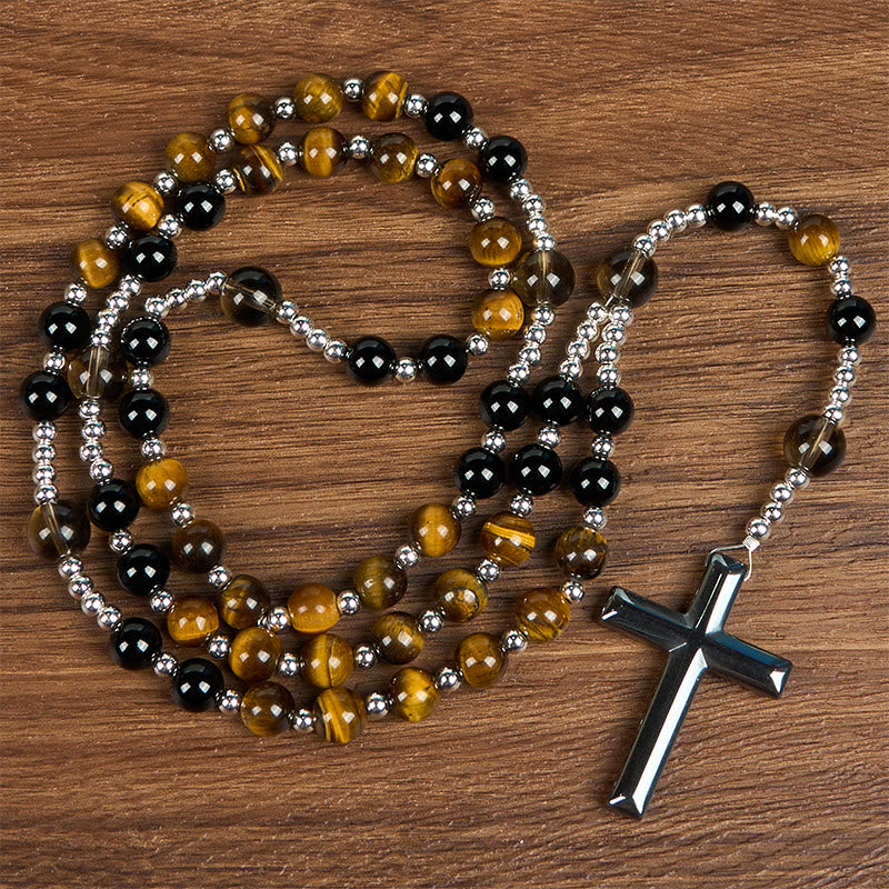 Natural Obsidian Tiger's Eye Rosary Necklace - Hematite Stone Cross Protection Rosary