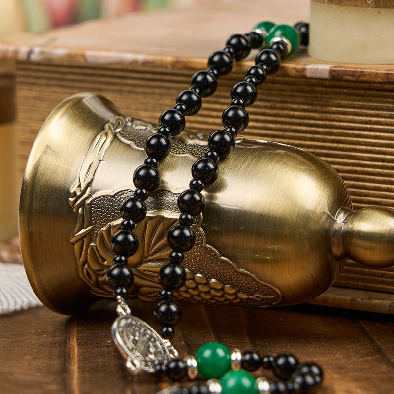 St. Benedict & Crucifix of 8mm Obsidian & Jade Bead Rosary - Faith and Sacred Connection