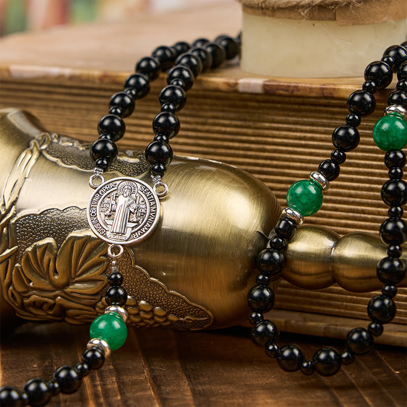 St. Benedict & Crucifix of 8mm Obsidian & Jade Bead Rosary - Faith and Sacred Connection