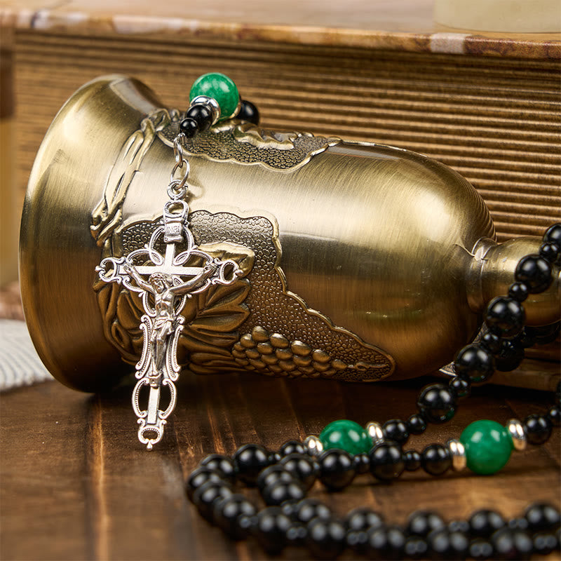 St. Benedict & Crucifix of 8mm Obsidian & Jade Bead Rosary - Faith and Sacred Connection