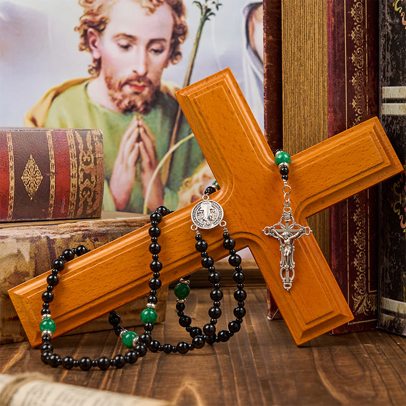 St. Benedict & Crucifix of 8mm Obsidian & Jade Bead Rosary - Faith and Sacred Connection